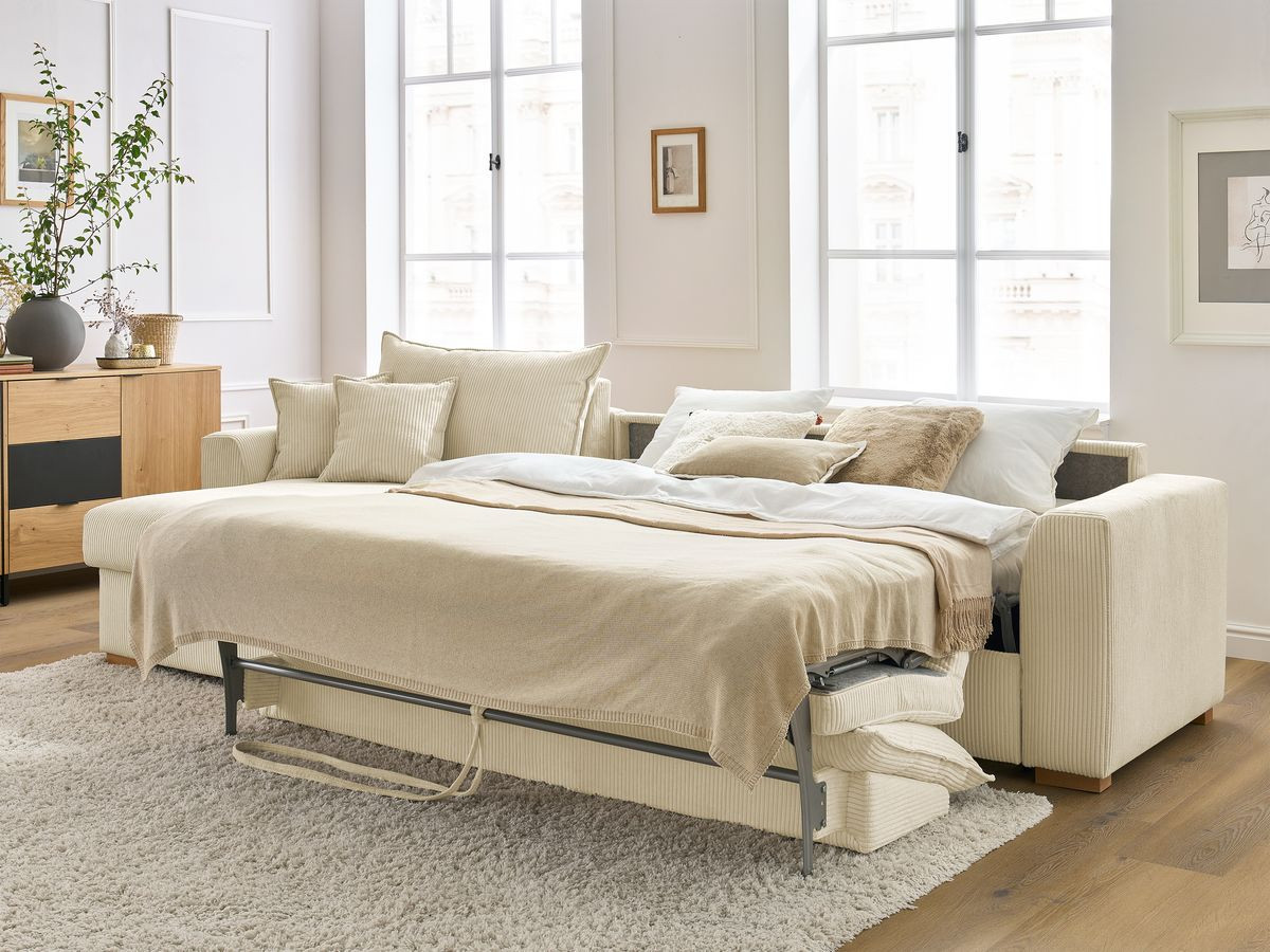 Bobochic Augustin Ecksofa mit Schlaffunktion und Bettkasten Cordsamt Beige, Liegefläche 160 × 200 cm