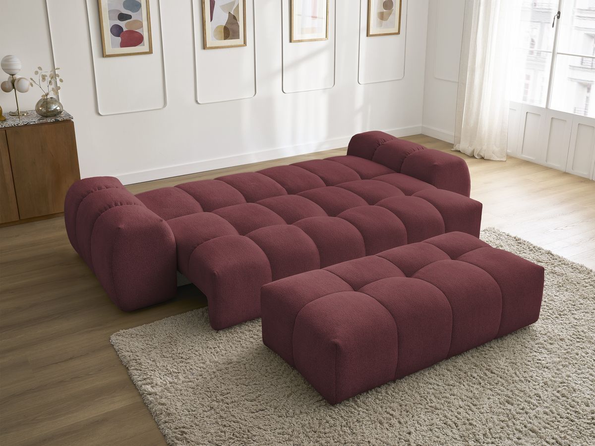Bobochic Everest Schlafsofa 3-Sitzer mit Bettkasten und Pouf, 5 Kissen Melange-Stoff Rot