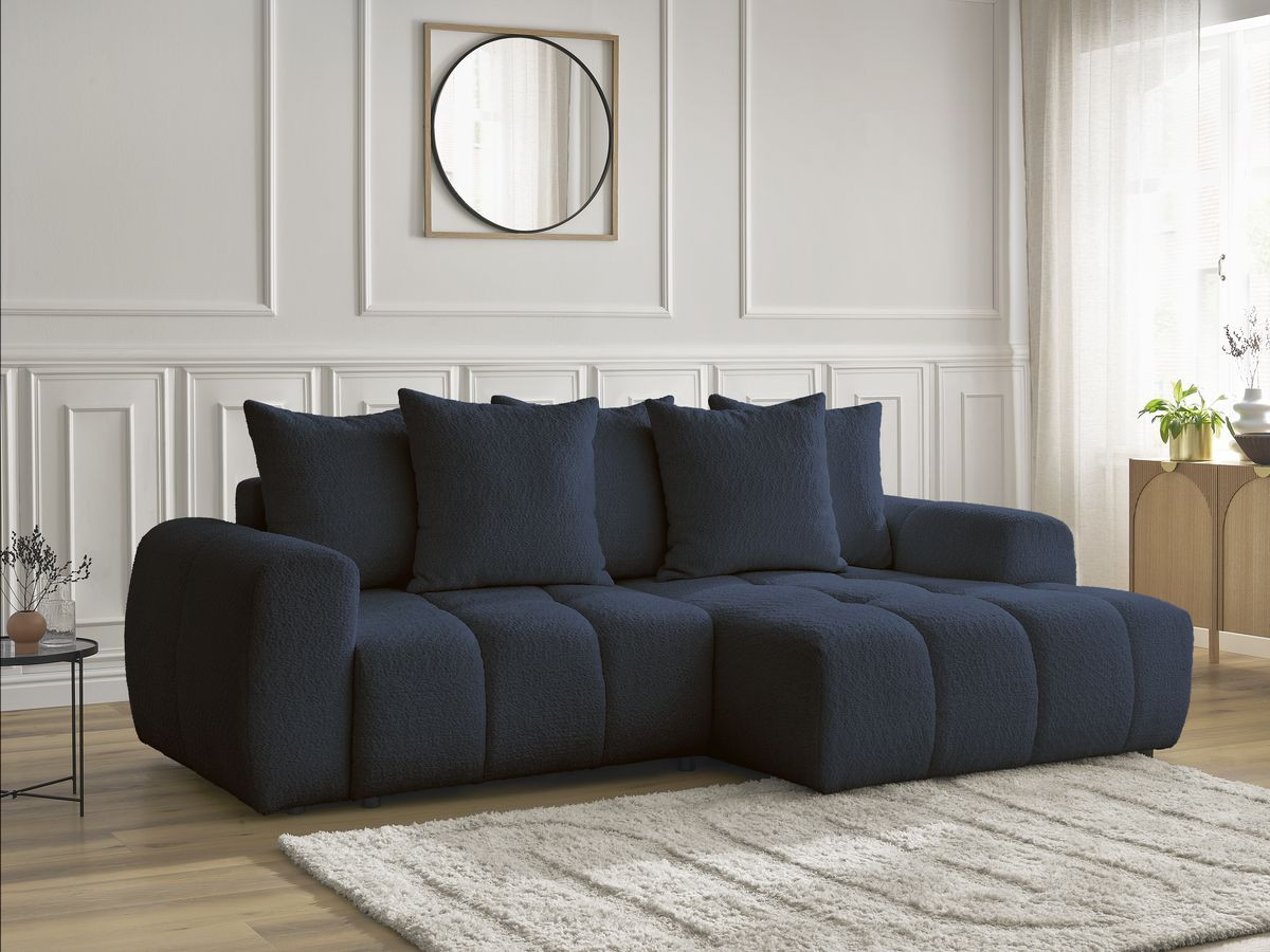 Bobochic Roxelane Ecksofa mit Schlaffunktion und Bettkasten 258 × 150 cm Bouclé-Stoff Dunkelblau Ecke rechts