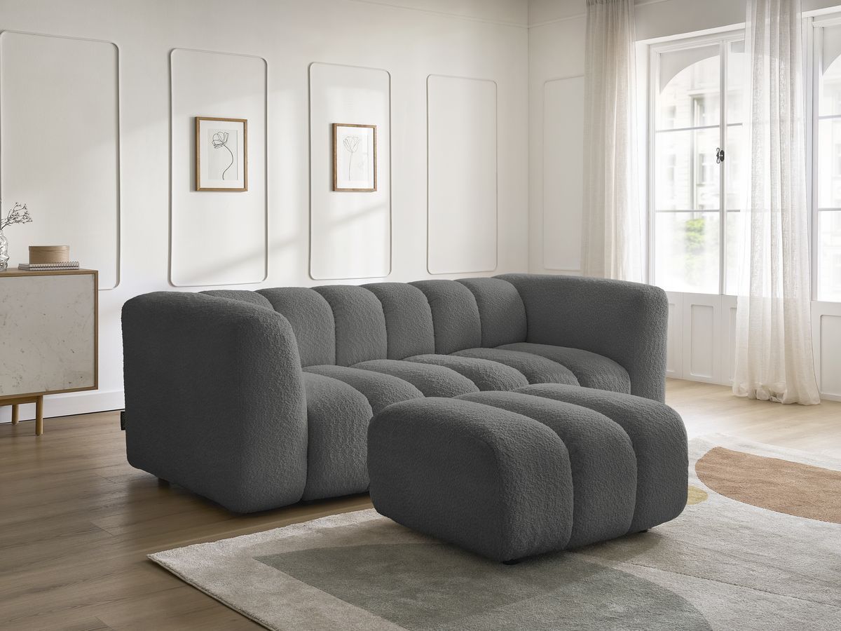 Bobochic Talia Sofa 3-Sitzer mit Pouf Bouclé-Stoff Dunkelgrau