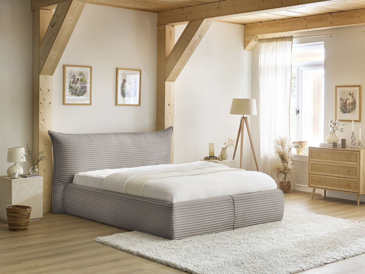 Bobochic Jade Polsterbett mit Bettkasten Cordsamt Taupe, Liegefläche 160 × 200 cm
