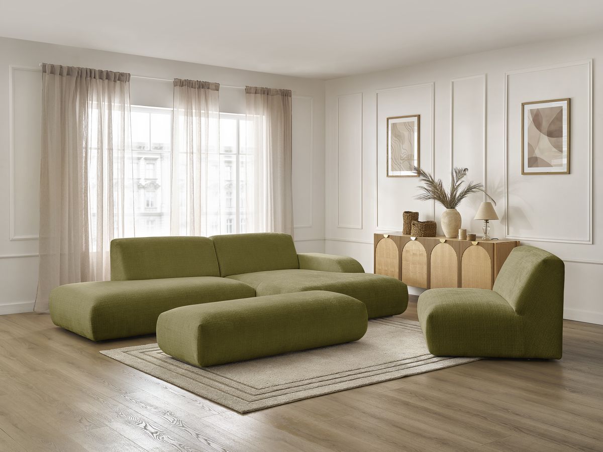 Bobochic Sirius Ecksofa mit Pouf 405 × 170 cm Strukturstoff Grün Ecke rechts