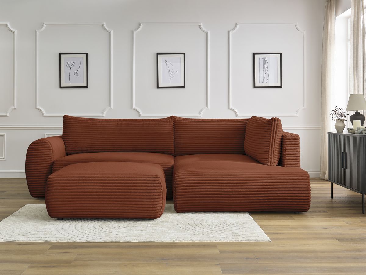 Bobochic Lucien Ecksofa mit Schlaffunktion und Bettkasten und Pouf 296 × 198 cm Breitcord weich Orange Ecke rechts