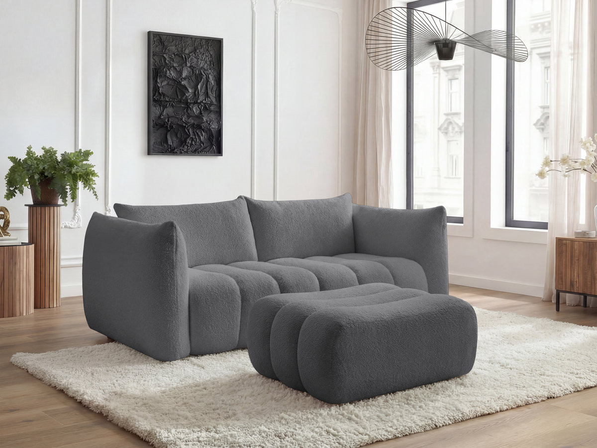 Bobochic Azra Sofa 3-Sitzer mit Pouf Bouclé-Stoff Dunkelgrau