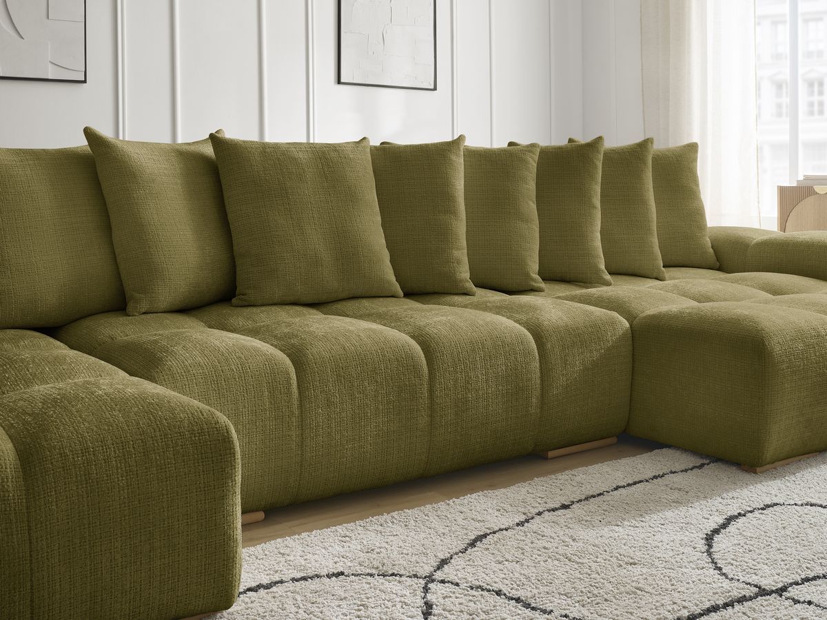 Bobochic Anakin Wohnlandschaft mit Pouf, 10 Kissen Strukturstoff Grün