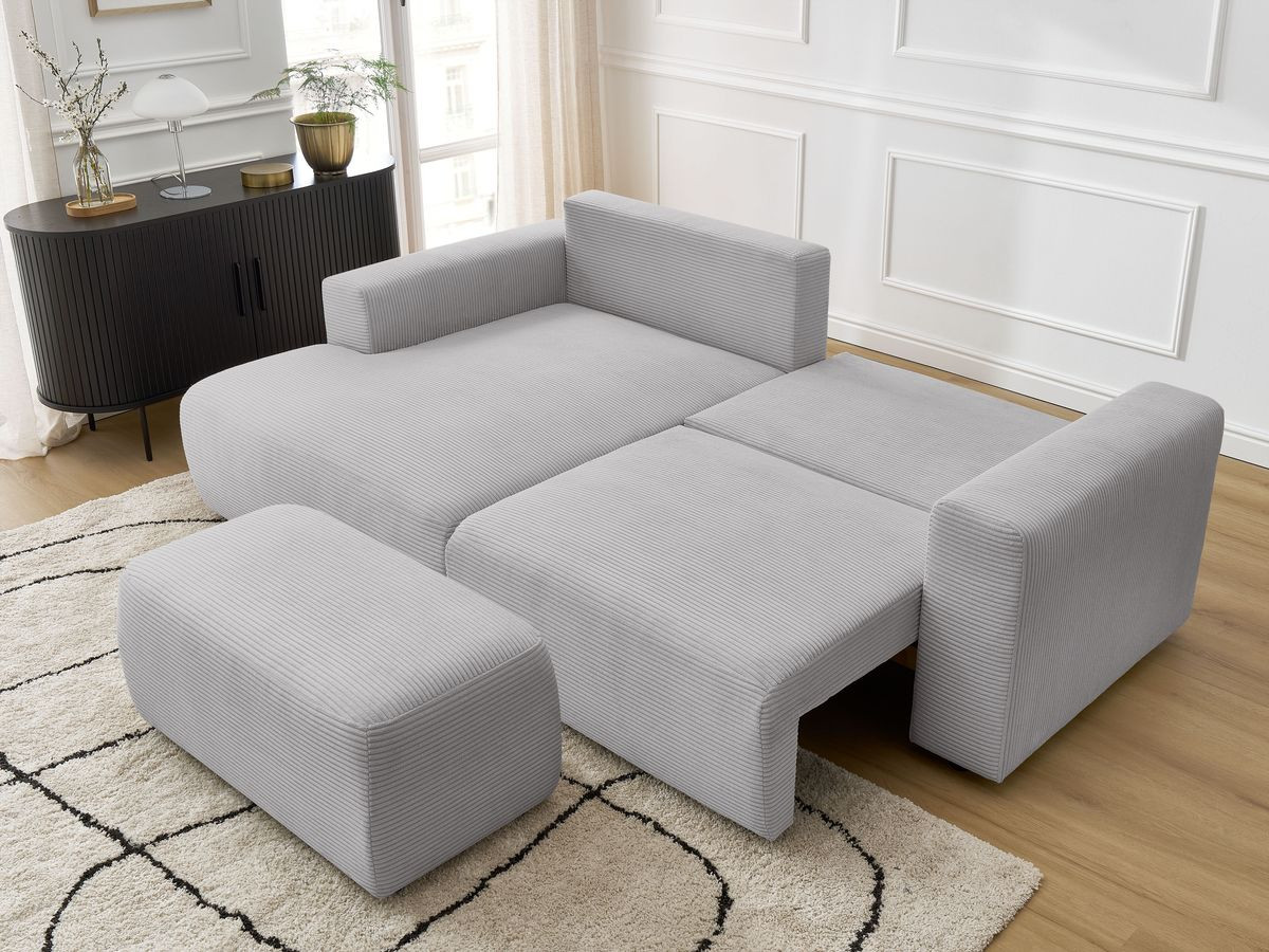 Bobochic Atilla Ecksofa mit Schlaffunktion und Bettkasten und Pouf Cordsamt Hellgrau Ecke links