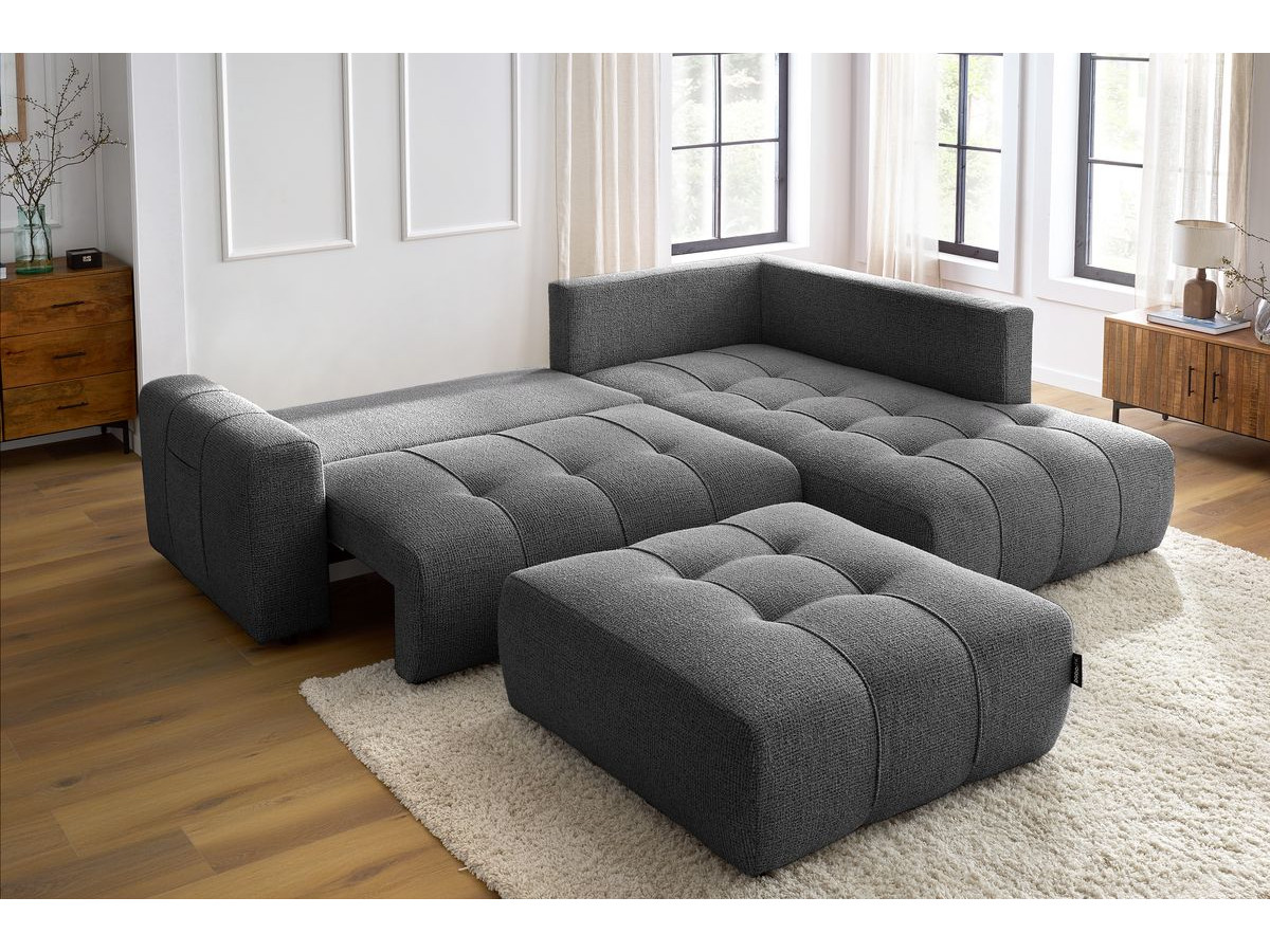 Bobochic Arsene Ecksofa mit Schlaffunktion und Bettkasten und Pouf 277 × 200 cm Melange-Stoff Dunkelgrau Ecke rechts