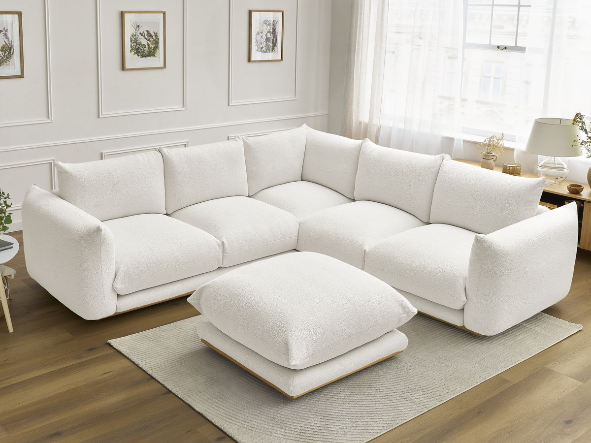 Bobochic Ernest Ecksofa mit Pouf Bouclé-Stoff Weiß