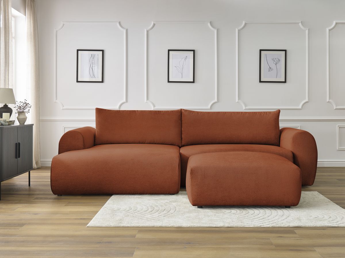Bobochic Lucien Ecksofa mit Schlaffunktion und Bettkasten und Pouf 314 × 167 cm Stoff Orange Ecke links