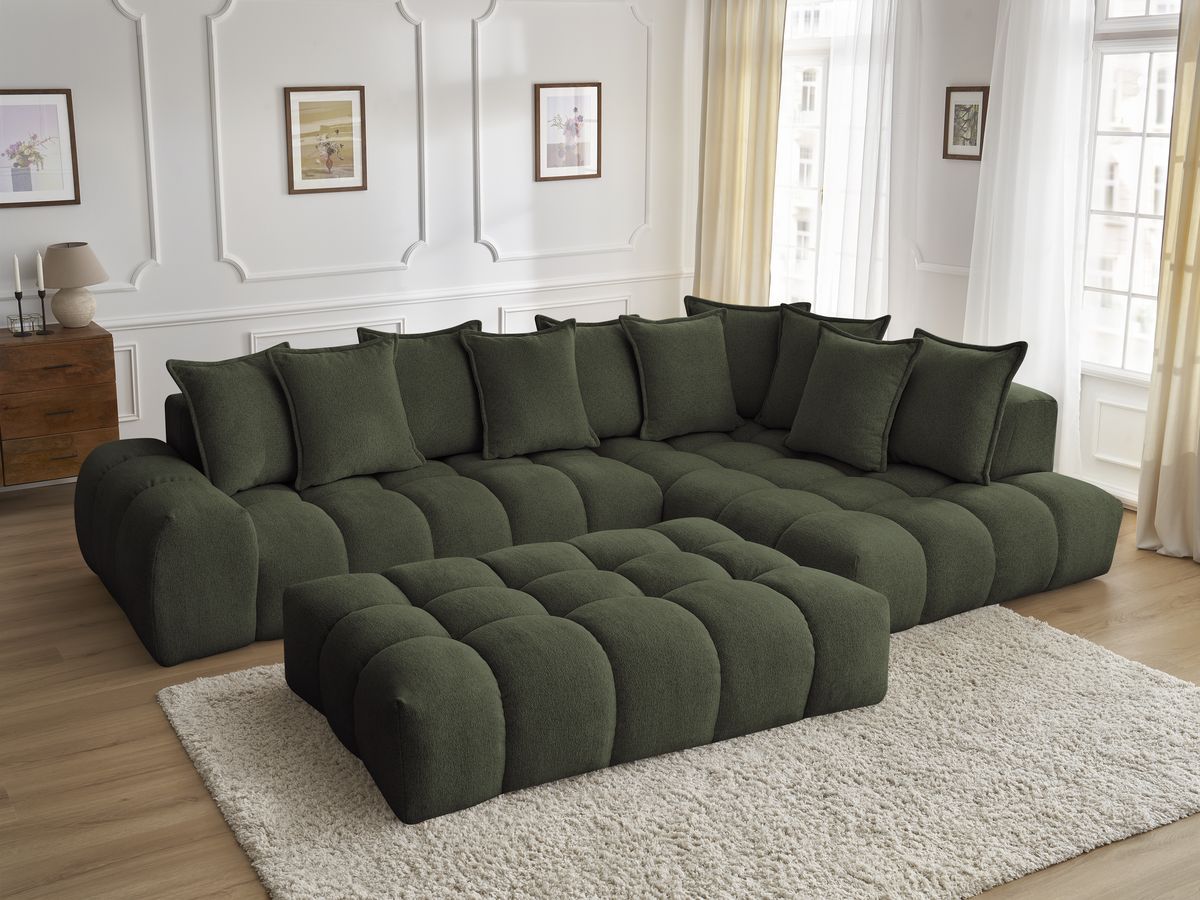Bobochic Everest Ecksofa mit Schlaffunktion und Pouf, 10 Kissen Melange-Stoff Grün Ecke rechts