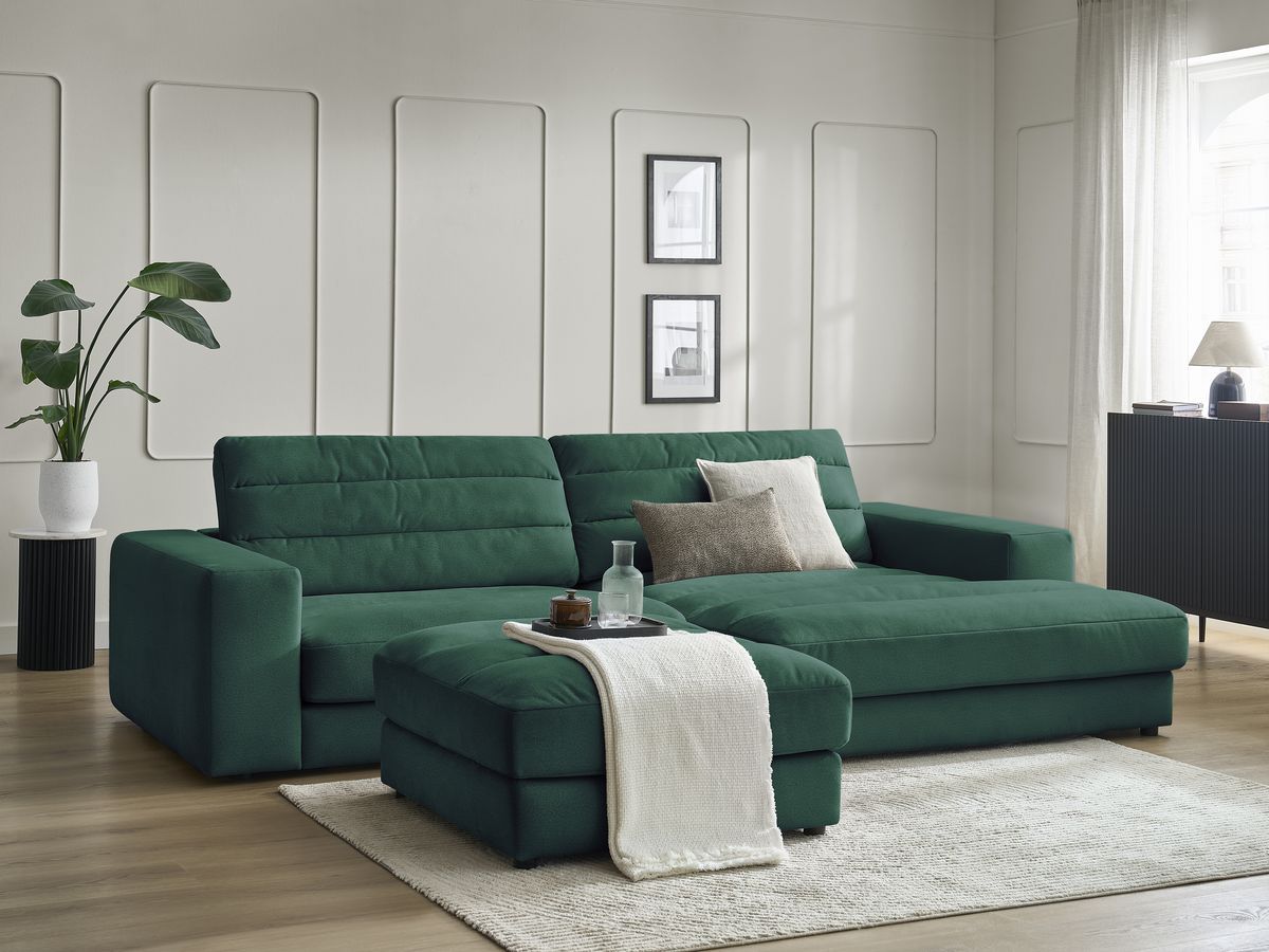 Bobochic Sierra Ecksofa mit Pouf Samt Dunkelgrün Ecke rechts