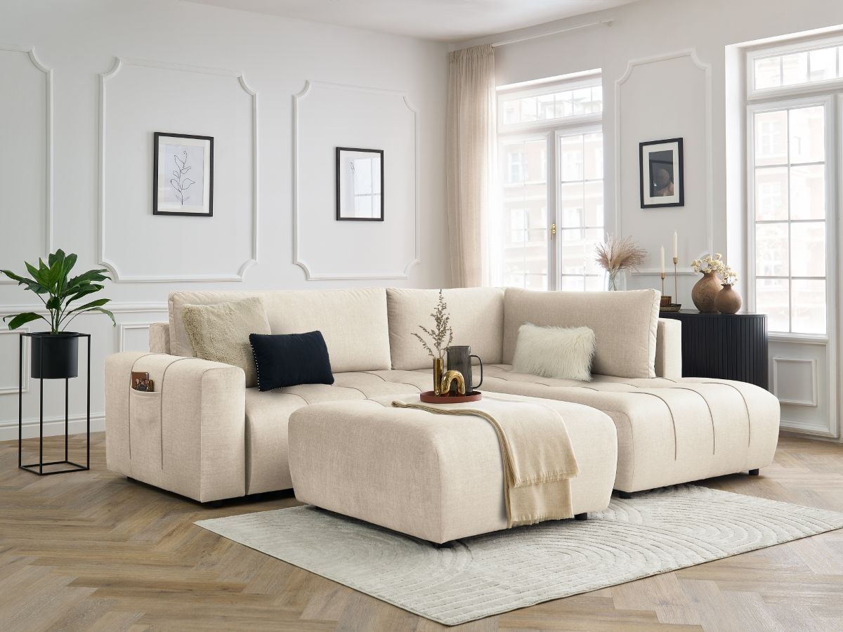 Bobochic Arsene Ecksofa mit Schlaffunktion und Bettkasten und Pouf 277 × 200 cm Samt Beige Ecke rechts