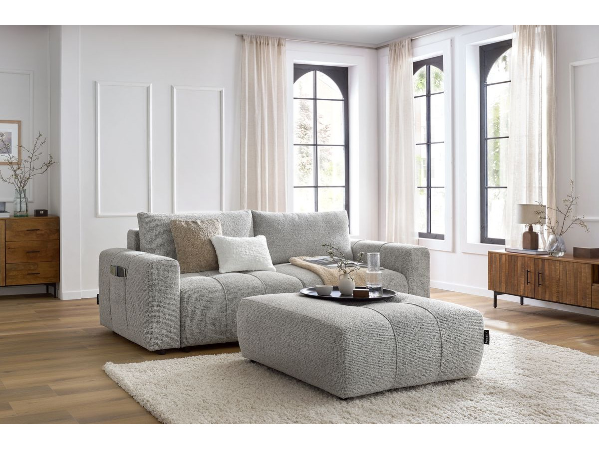 Bobochic Arsene Schlafsofa 4-Sitzer mit Bettkasten und Pouf Melange-Stoff Hellgrau