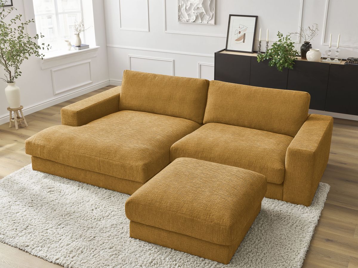 Bobochic Leonard Ecksofa mit Pouf 274 × 159 cm Strukturstoff Gelb Ecke links