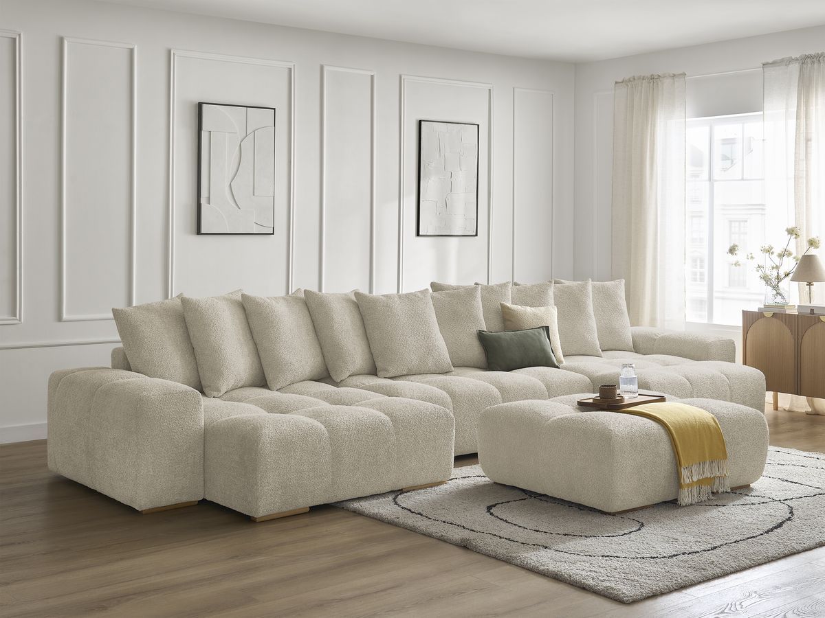 Bobochic Anakin Wohnlandschaft mit Pouf, Liegefläche 137 × 382 cm, 10 Kissen Bouclé-Stoff Beige