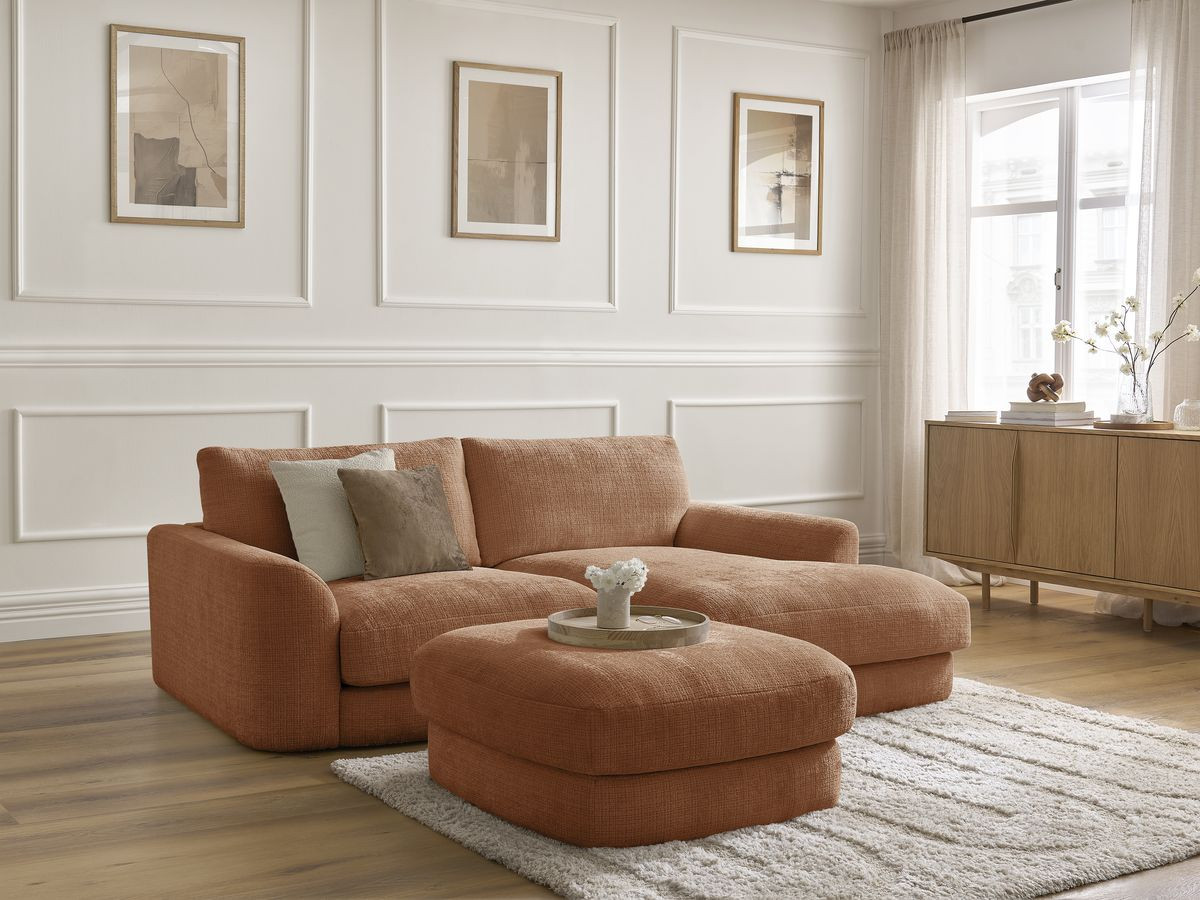 Bobochic Leonore Ecksofa mit Pouf Strukturstoff Orange Ecke rechts