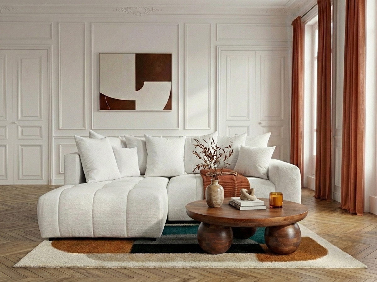 Bobochic Roxelane Ecksofa mit Schlaffunktion und Bettkasten Melange-Stoff Weiß Ecke links