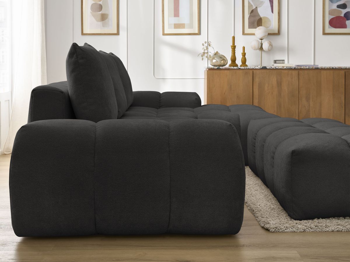 Bobochic Everest Ecksofa mit Schlaffunktion und Bettkasten und Pouf 318 × 180 cm, 3 Kissen Strukturstoff Schwarz Ecke rechts