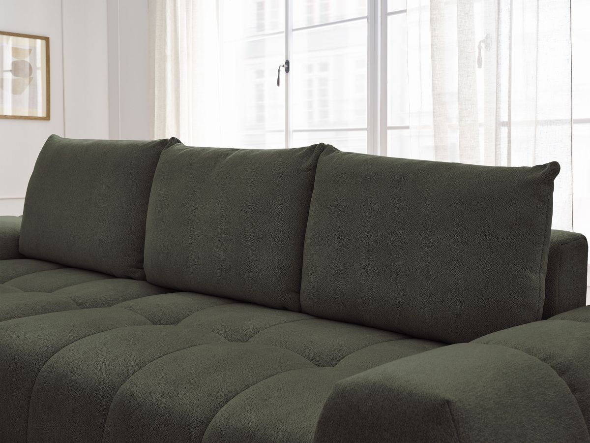 Bobochic Everest Ecksofa mit Schlaffunktion und Bettkasten 318 × 180 cm, 3 Kissen Melange-Stoff Grün Ecke links