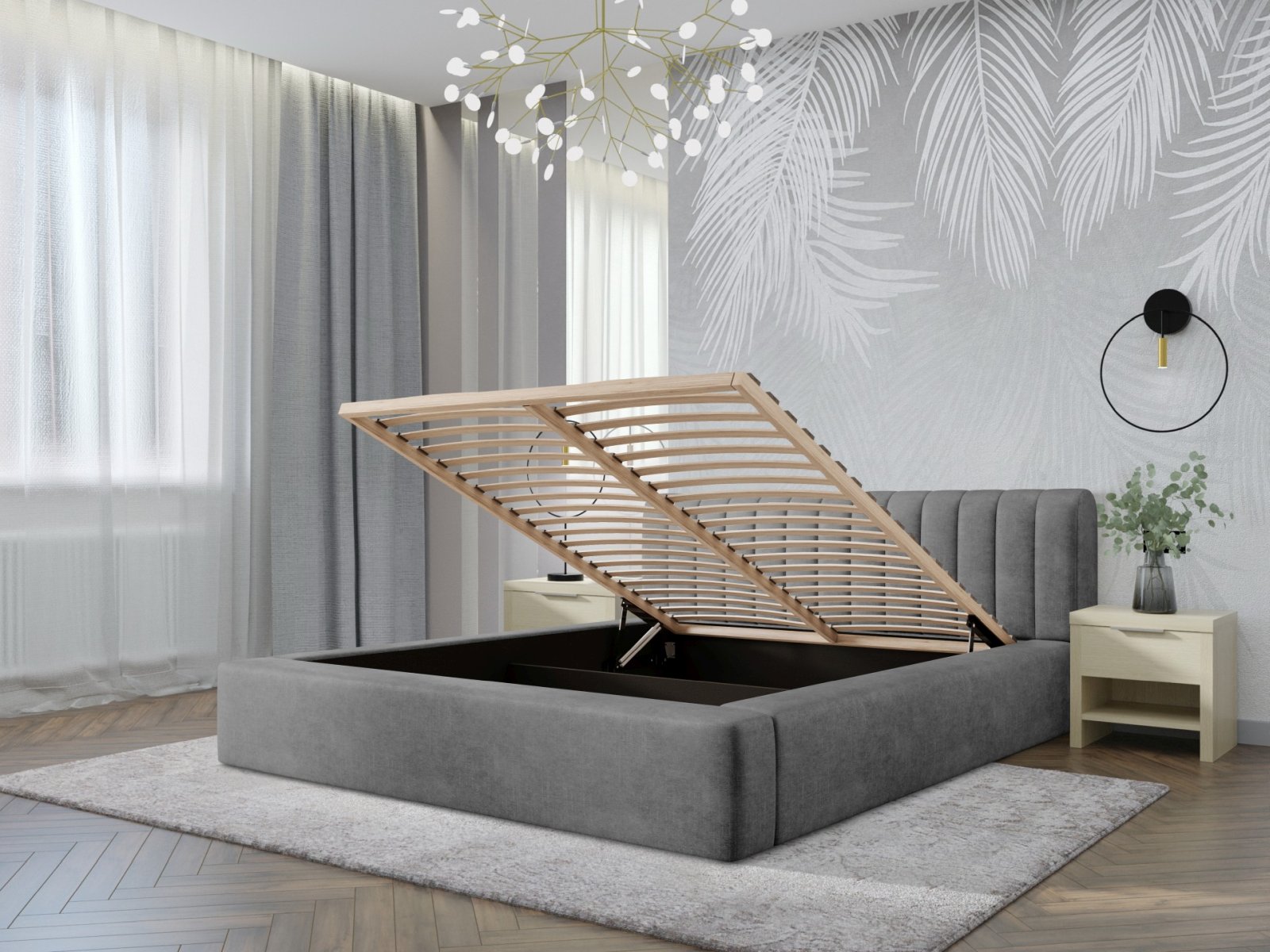 Polsterbett Faroa Samtstoff 140x200 mit Holzrahmen Macau Ash
