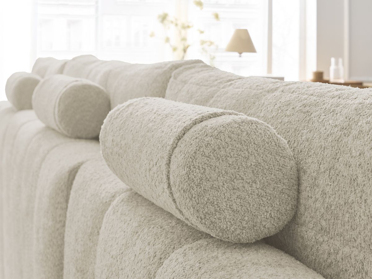 Bobochic Anakin Wohnlandschaft mit Pouf, Liegefläche 137 × 382 cm, 3 Kissen Bouclé-Stoff Beige