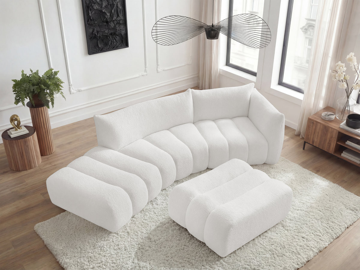 Bobochic Azra Ecksofa mit Pouf 325 × 112 cm Bouclé-Stoff Weiß Ecke rechts
