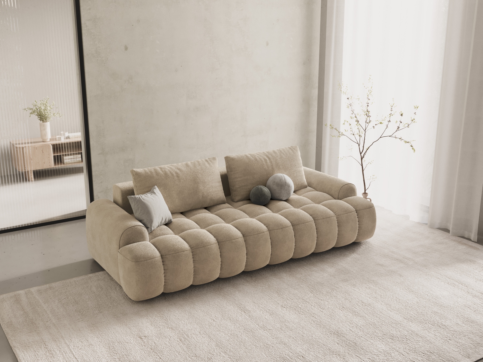 Cosmopolitan Design Schlafsofa Linz 4-Sitzer mit Bettkasten Samt Vogue Helles Beige