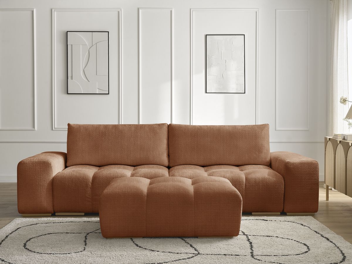 Bobochic Anakin Sofa 3-Sitzer mit Pouf, 2 Kissen Strukturstoff Orange