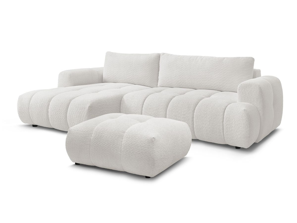 Bobochic Fuji Ecksofa mit Schlaffunktion und Bettkasten und Pouf 292 × 160 cm Bouclé-Stoff Weiß Ecke links