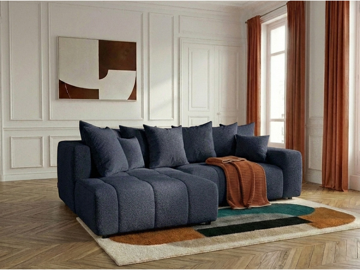 Bobochic Roxelane Ecksofa mit Schlaffunktion und Bettkasten Bouclé-Stoff Dunkelblau Ecke links