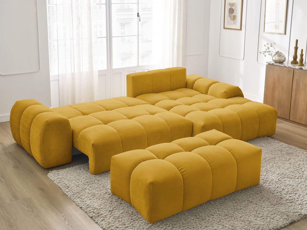Bobochic Everest Ecksofa mit Schlaffunktion und Bettkasten und Pouf 318 × 180 cm, 3 Kissen Strukturstoff Gelb Ecke rechts