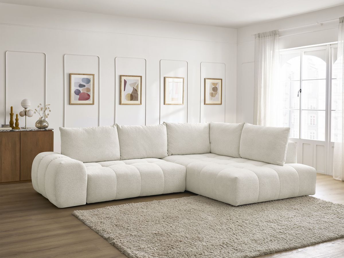 Bobochic Everest Ecksofa mit Schlaffunktion und Bettkasten 320 × 212 cm, 5 Kissen Melange-Stoff Weiß Ecke rechts