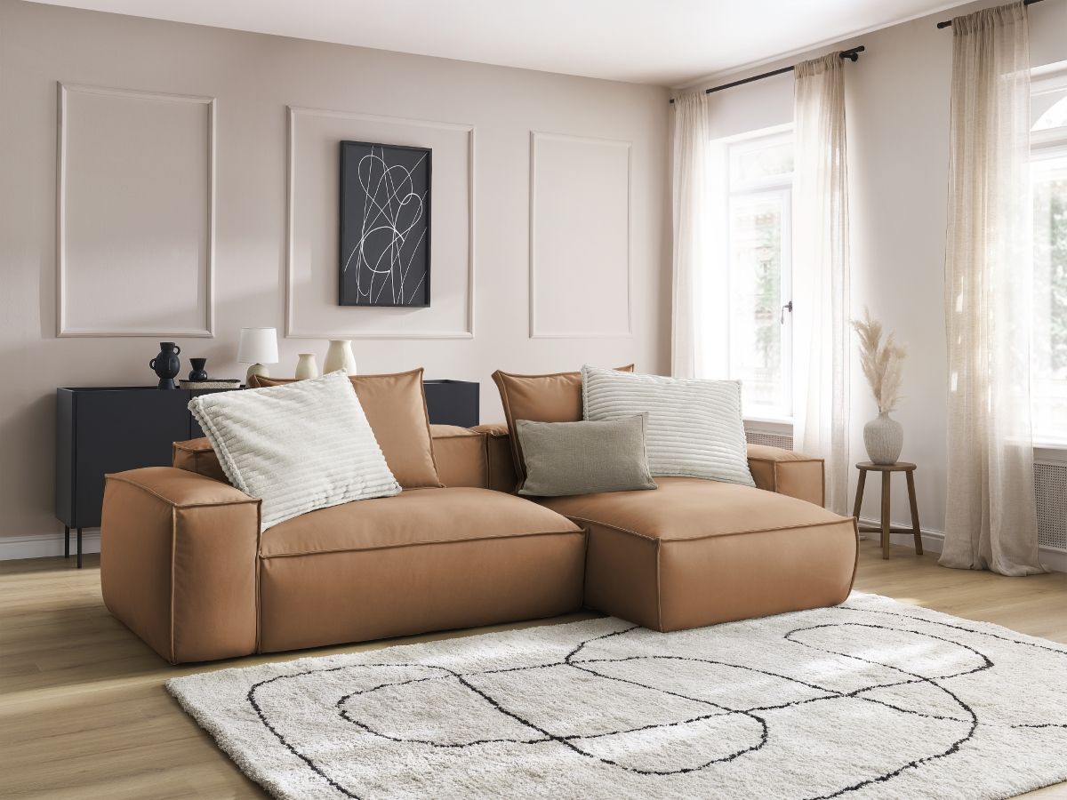 Bobochic Boheme Ecksofa, 3 Kissen Kunstleder Hellbraun