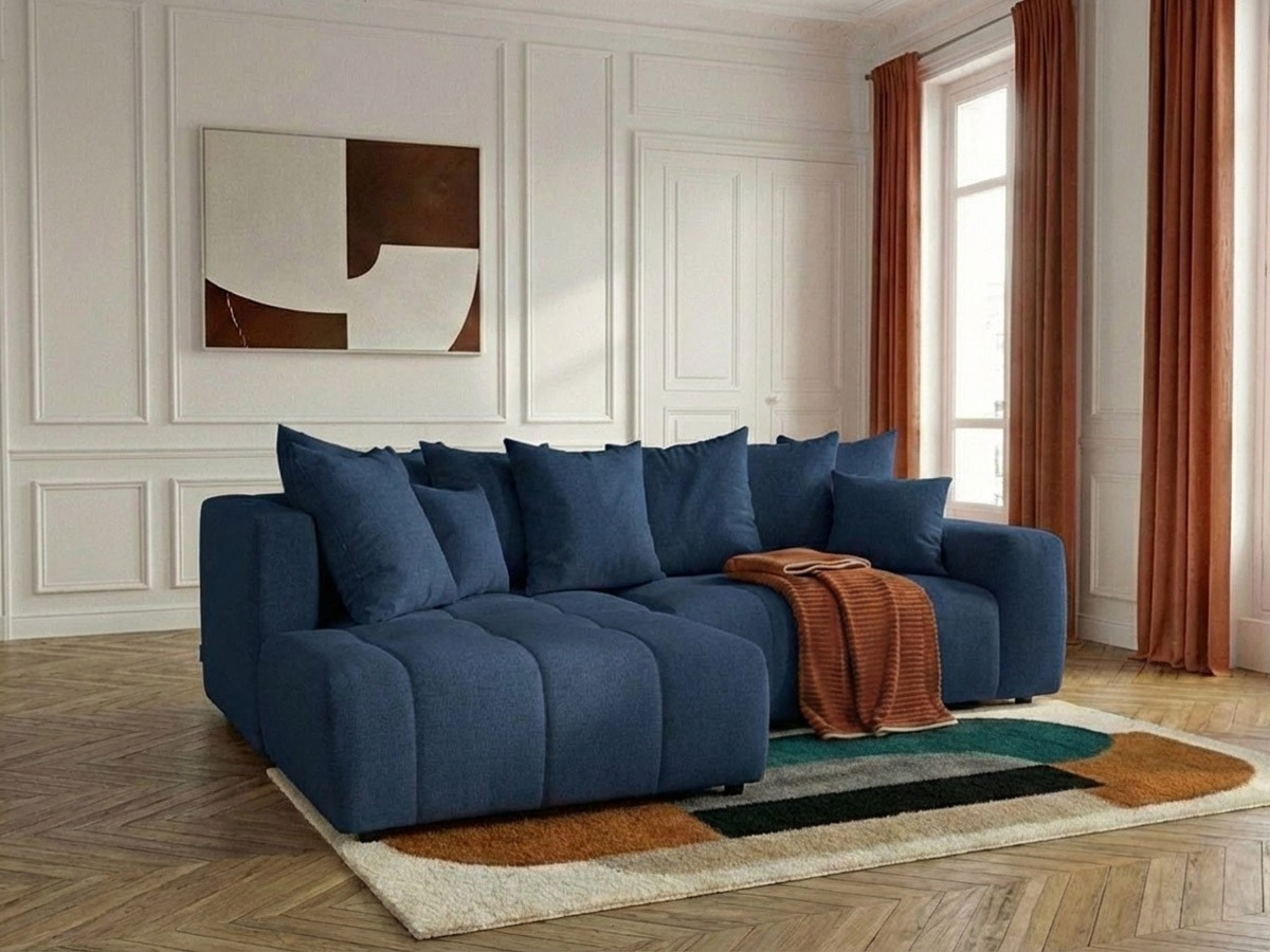 Bobochic Roxelane Ecksofa mit Schlaffunktion und Bettkasten Melange-Stoff Dunkelblau Ecke links
