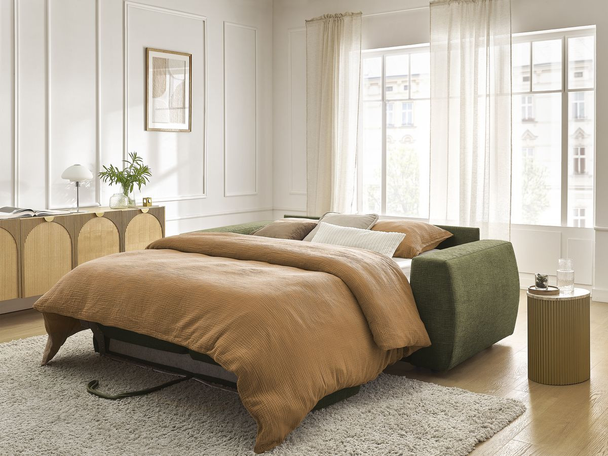 Bobochic Hugo Schlafsofa 3-Sitzer Strukturstoff Grün, Liegefläche 160 × 190 cm