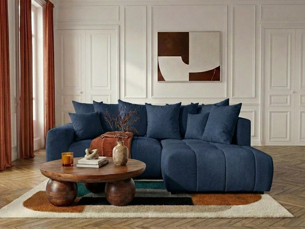Bobochic Roxelane Ecksofa mit Schlaffunktion und Bettkasten Melange-Stoff Dunkelblau Ecke rechts