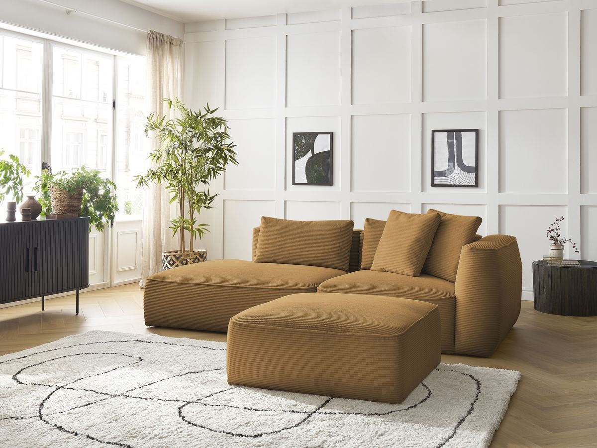 Bobochic Leopold Sofa 4-Sitzer mit Pouf Cordsamt Gelb Armlehne rechts