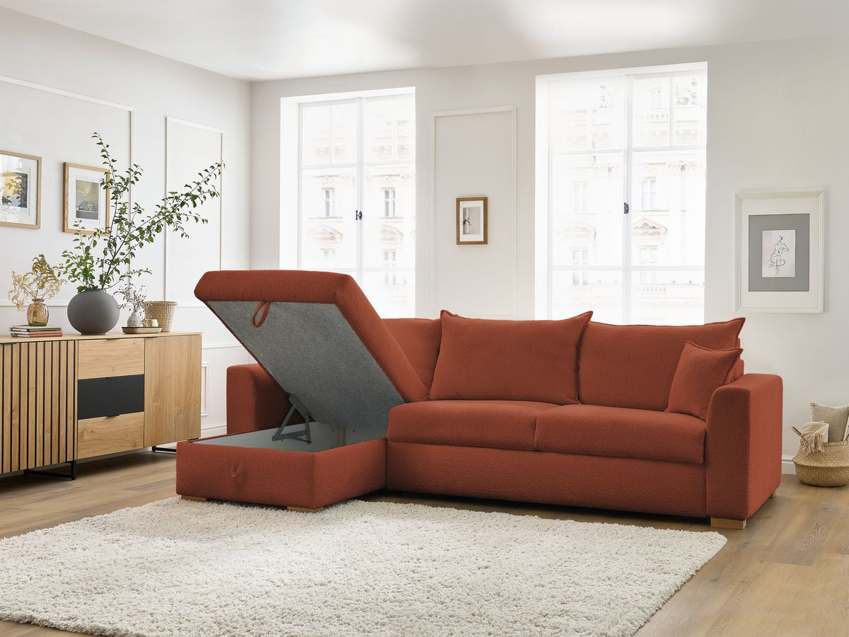 Bobochic Augustin Ecksofa mit Schlaffunktion und Bettkasten Bouclé-Stoff Orange, Liegefläche 140 × 200 cm