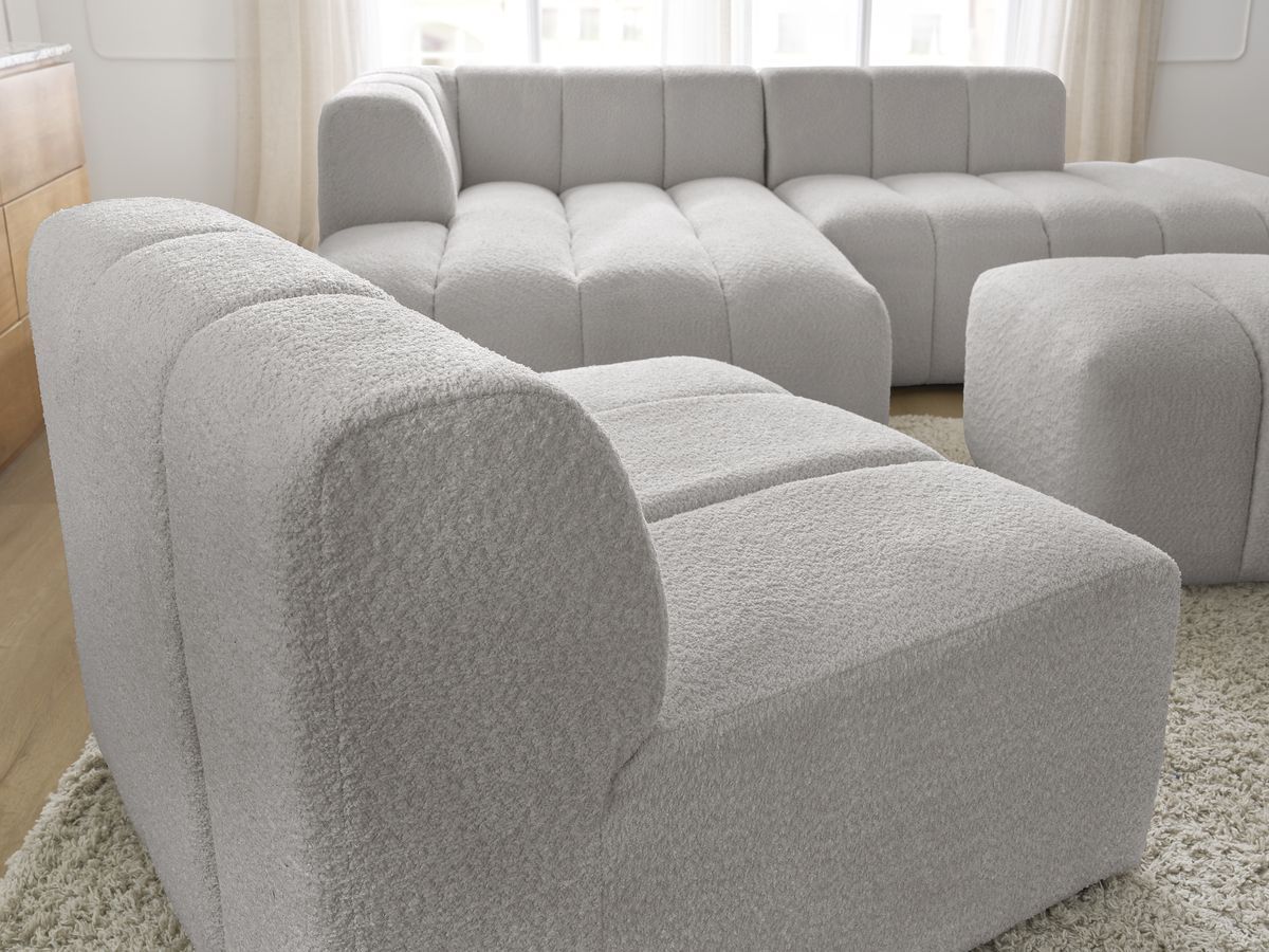 Bobochic Annecy Ecksofa mit Sofamodul und Pouf Bouclé-Stoff Hellgrau Ecke links