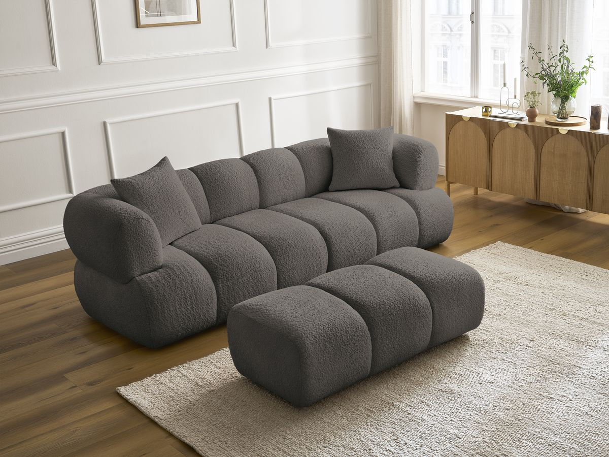Bobochic Pamira Sofa 3-Sitzer mit Pouf Bouclé-Stoff Braun