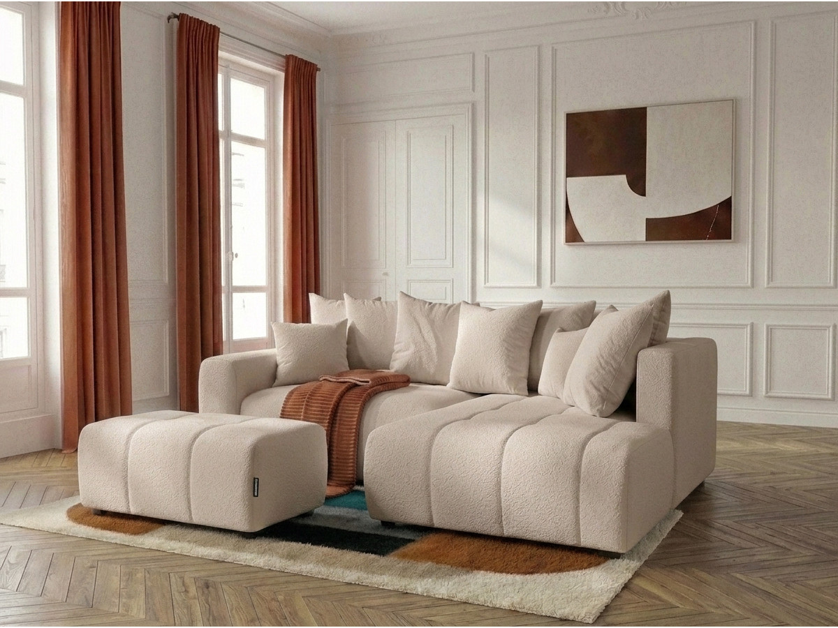 Bobochic Roxelane Ecksofa mit Schlaffunktion und Bettkasten und Pouf Bouclé-Stoff Beige Ecke rechts