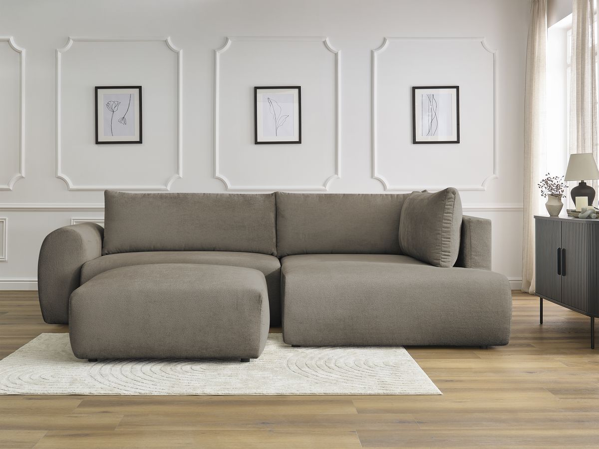 Bobochic Lucien Ecksofa mit Schlaffunktion und Bettkasten und Pouf 296 × 198 cm Stoff Taupe Ecke rechts