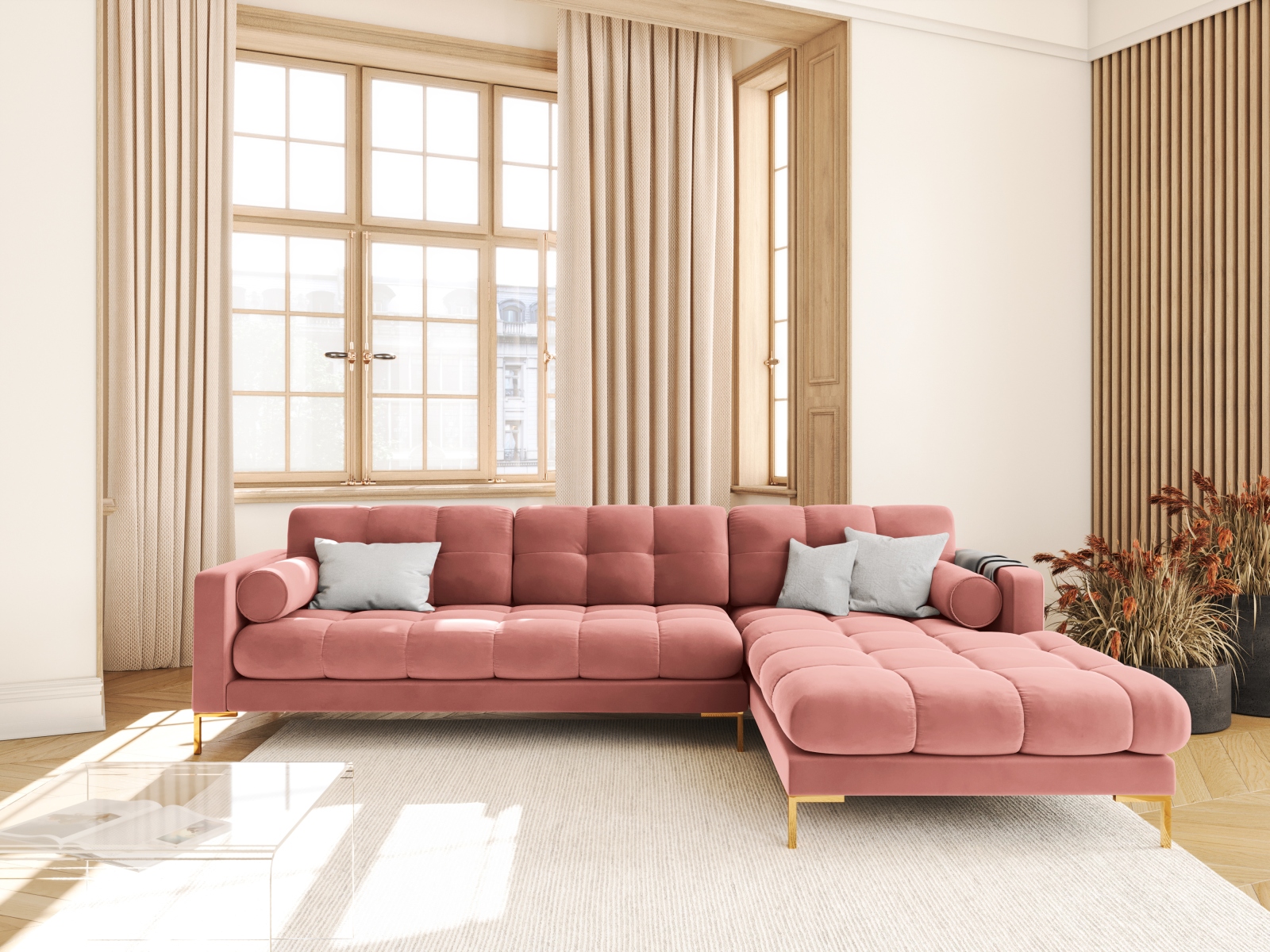 Cosmopolitan Design Ecksofa Bali 5-Sitzer Samt Bluvel Rosa Rechts Beine Gold