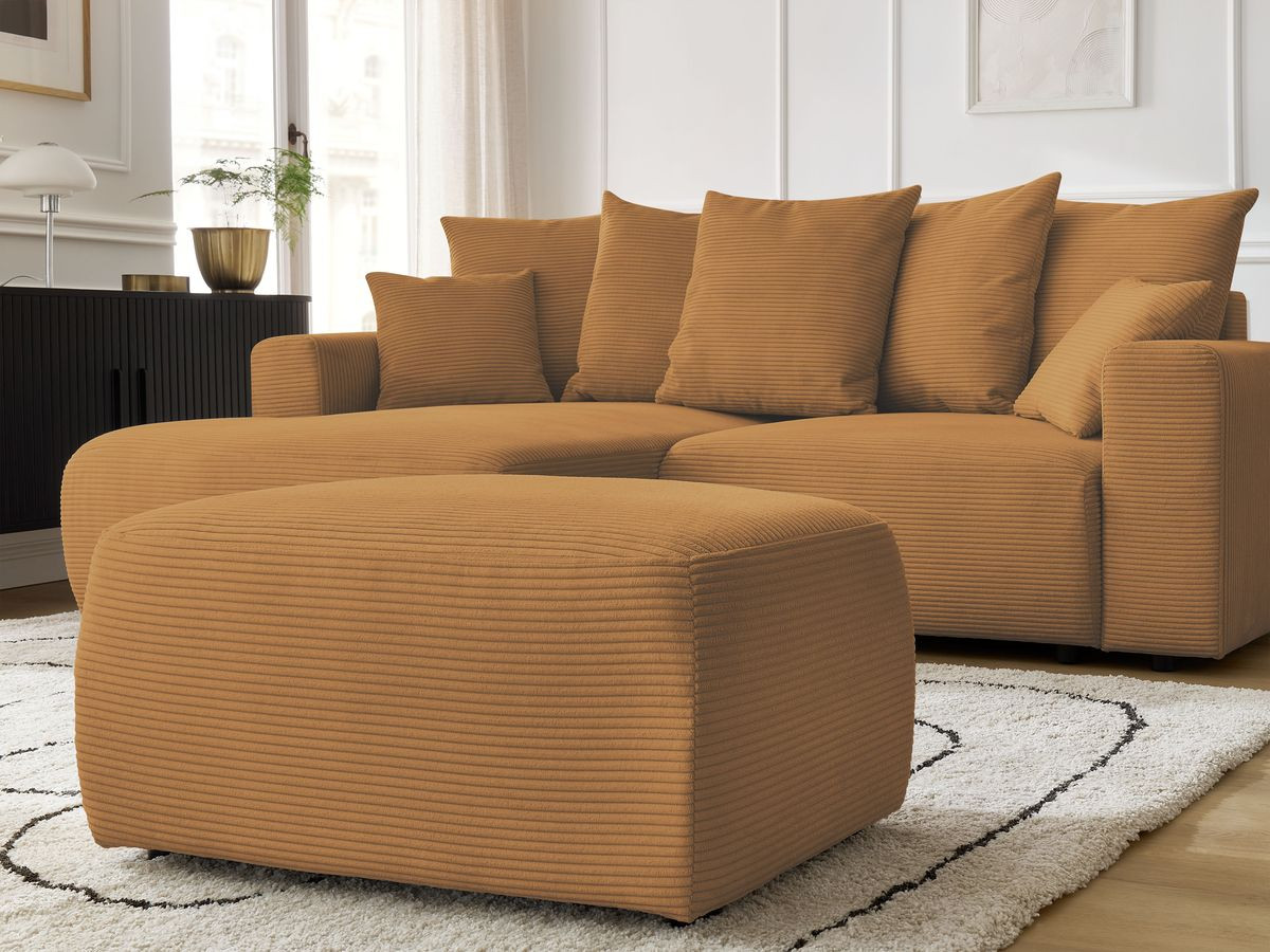 Bobochic Atilla Ecksofa mit Schlaffunktion und Bettkasten und Pouf Cordsamt Gelb Ecke links