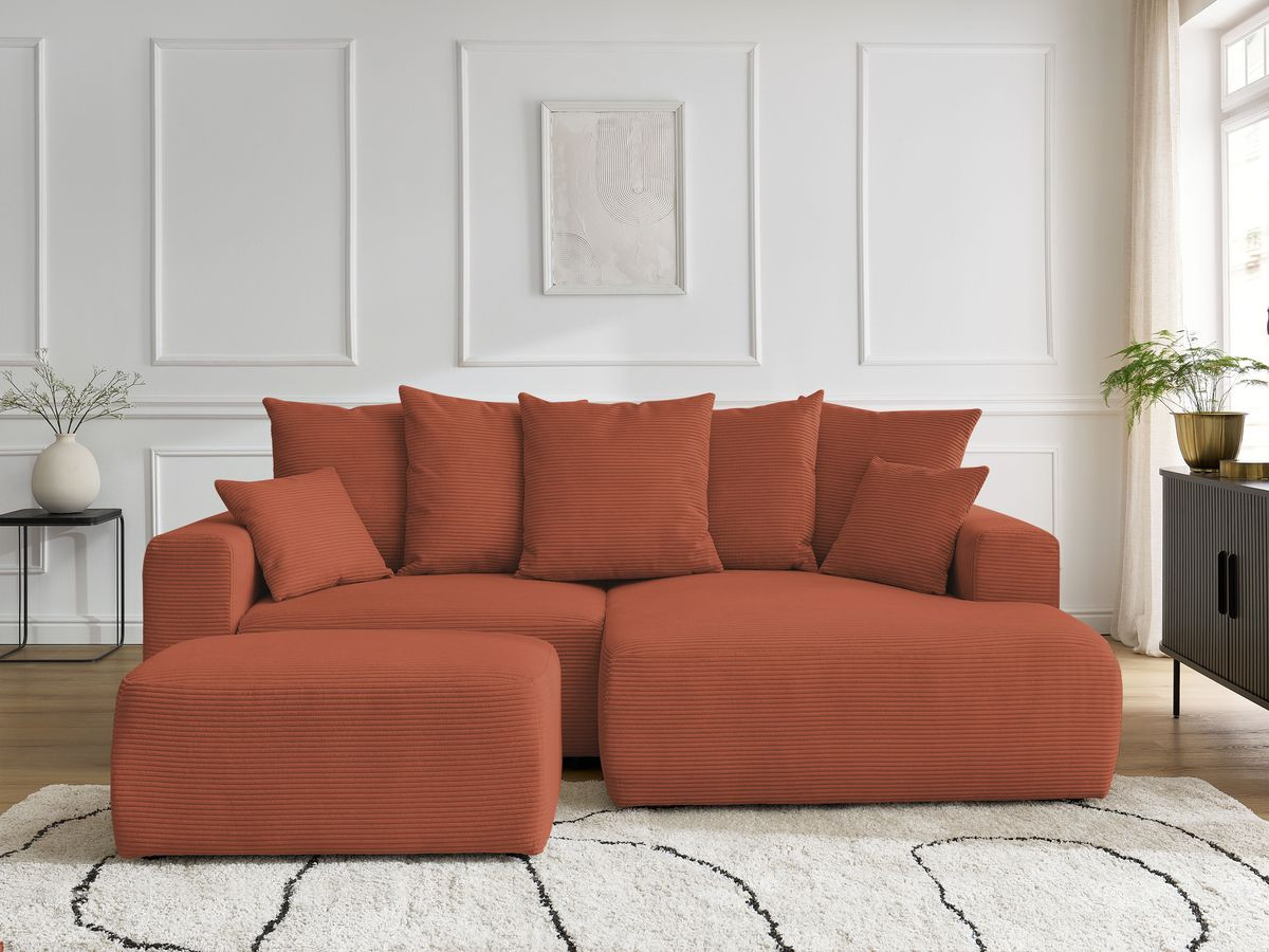 Bobochic Atilla Ecksofa mit Schlaffunktion und Bettkasten und Pouf Cordsamt Orange Ecke rechts