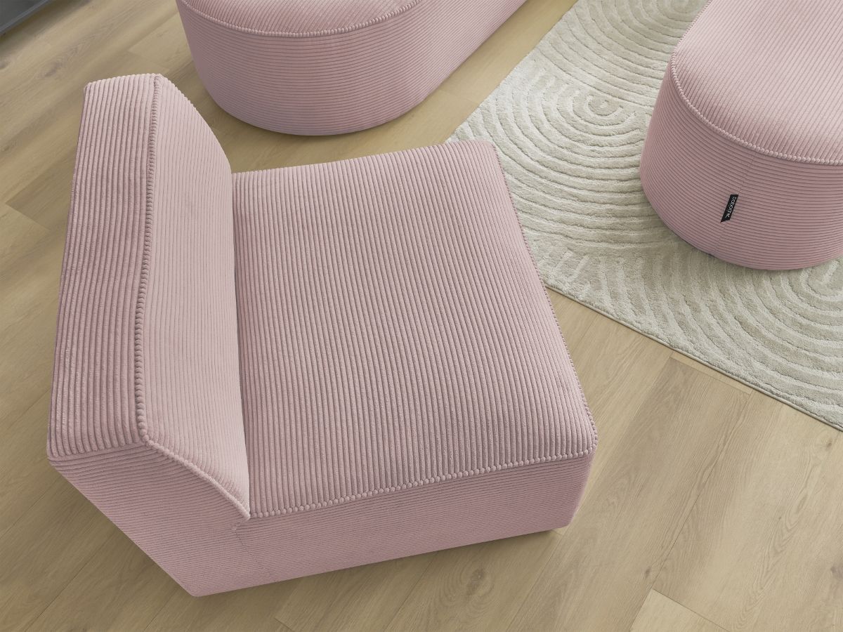 Bobochic Rousseau Ecksofa mit Sofamodul und Pouf Cordsamt Violett Ecke rechts