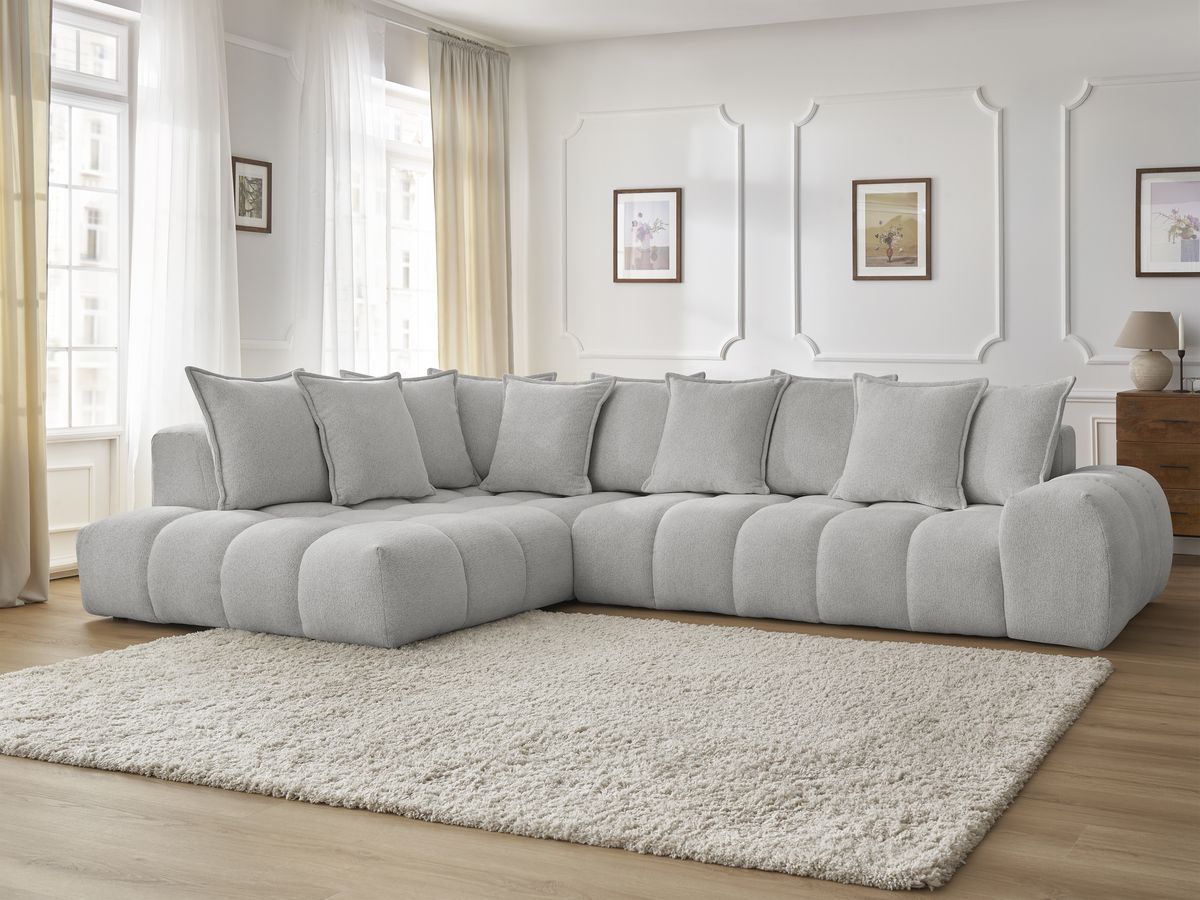 Bobochic Everest Ecksofa, 10 Kissen Melange-Stoff Hellgrau Ecke links