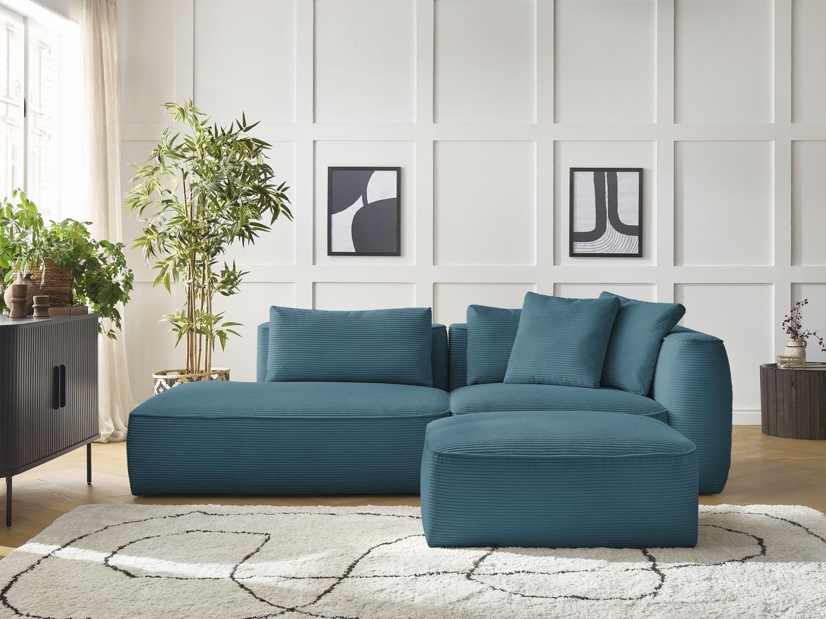 Bobochic Leopold Sofa 4-Sitzer mit Pouf Cordsamt Hellblau Armlehne rechts