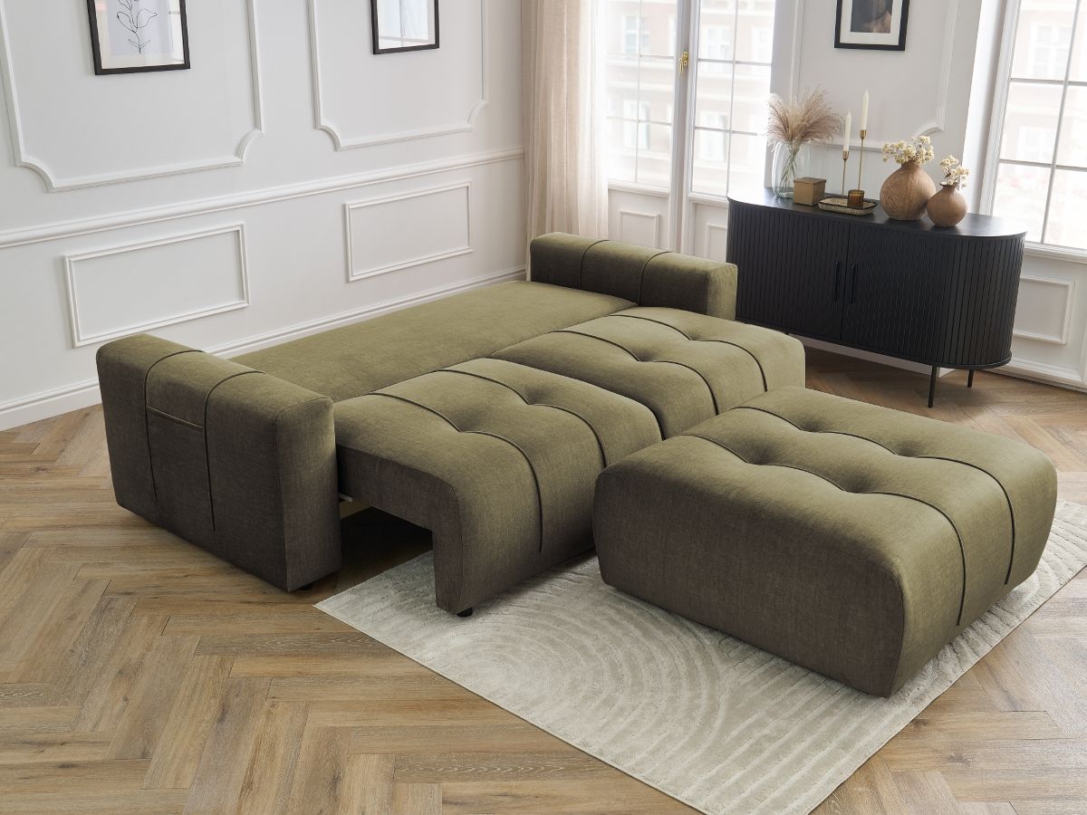 Bobochic Arsene Schlafsofa 4-Sitzer mit Bettkasten und Pouf Samt Grün
