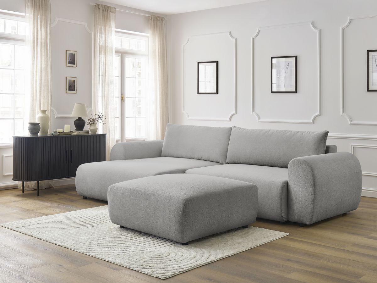 Bobochic Lucien Ecksofa mit Schlaffunktion und Bettkasten und Pouf 314 × 167 cm Stoff Hellgrau Ecke links